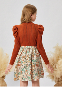 ween Girl Casual Vintage Elegant Knitted Rib Patchwork Ditsy Floral Puff Sleeve Belted A-Line Long Dress Carousel 1