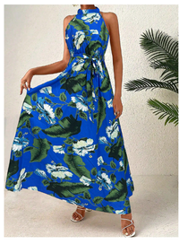 Women's Tropical Plant Print Knotted Waist Halter Mini Dress Carousel 2