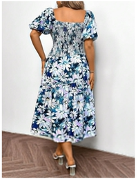 Plus Size Women Fashion All-Over Floral Print Square Neck Ruched Short Sleeve Dress Carousel 1