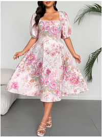 Plus Size Elegant Floral Print Lantern Sleeve Dress Carousel 1