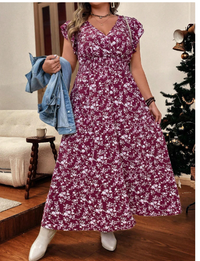 Plus Ditsy Floral Print Butterfly Sleeve Dress
