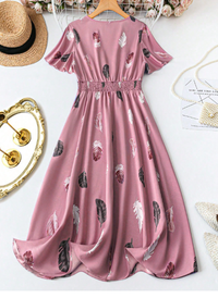 Plus Size Summer Casual Feather Allover Print Dress With Pleated Waist Maxi Women Outfit Carousel 1