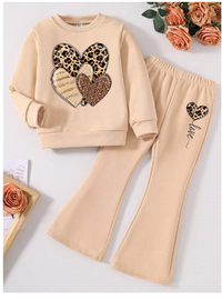 Young Girls Heart Print Crew Neck Sweatshirt And Flared Pants Set