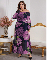 Plus Size Women's Off Shoulder Floral Print Patchwork Ruffle Hem Dress Carousel 6
