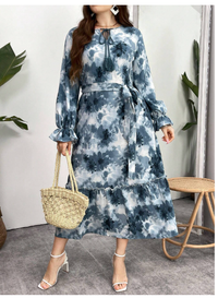 Plus Size Summer Tie-Dye Floral Printed Long Sleeve Bohemian Dress