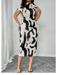 Plus Size Women High Collar Tight Stretch Black & White Floral Print Waist Ruched Bodycon Mini Dress