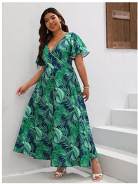 Plus Tropical Print Butterfly Sleeve Knot Side Dress Carousel 3