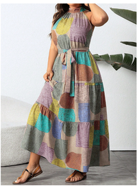  Plus Size Women Resort Style Halter Neck Sleeveless Maxi Dress