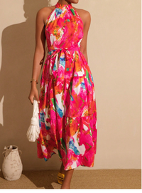 Women's Tie-Dye Floral Print Ruffle Hem Halter Neck Vacation Dress Carousel 2