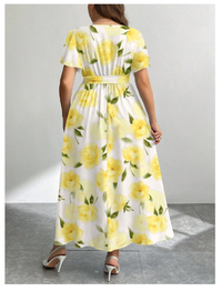  Vintage Yellow Rose Floral Print Loose Fit Plus Size Dress Carousel 3