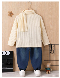 Young Boy Solid Mock Neck Tee & Ripped Jeans & Scarf Carousel 1
