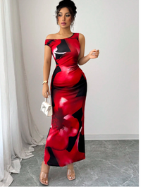 Floral Print Off-The-Shoulder Waist Shaping Fitted Dress Carousel 2