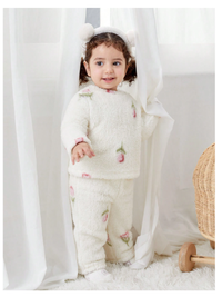 2pcs Baby Girl Tulip Pattern Crew Neck Long Sleeve Soft Comfortable Double-Sided Fleece Pajama Set