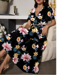 Women's Long V-Neck Floral Print Flounce Sleeve Tie Waist Ruffle Hem Elegant Carousel 3