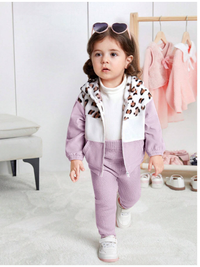  Baby Girl Color Block Leopard Print Fleece Hooded Jacket