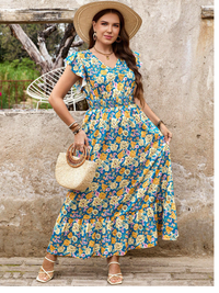 Plus Size Maxi Dress Floral Print Dress Ruffle Sleeves V-Neck Waist Dress Long Dress  Carousel 4