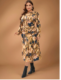 Plus Size Women's  Knitted Pattern Pleated Pullover Long Sleeve Dress Carousel 4