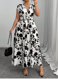 Women's Summer Shirred Floral Print Loose Elegant Dress Carousel 2
