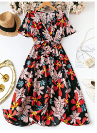 Plus Size Women Boho Ruffle Sleeve Overlap Collar Floral Casual Short Sleeve Dress