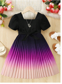 Young Girl Ombre Color Pleated Hemline Belted Dress 