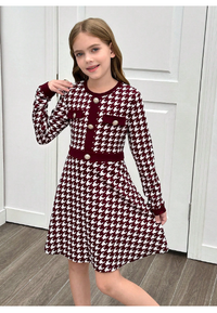 Tween Girl Houndstooth Patchwork Button Decor Round Neck Fitted Elegant Long Sleeve Knit Dress