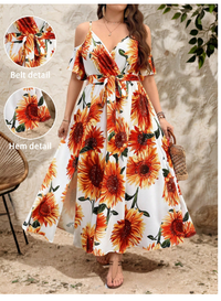 Plus Size Women Sunflower Print Adjustable Spaghetti Strap Open Shoulder Slit