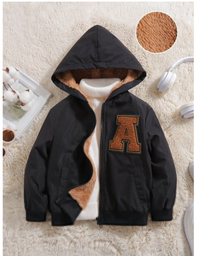 Young Boy Casual And Cute Street Style Loose Fit Hooded Jacket With Letter Patches And Zipper