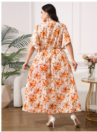 Plus Size Women's V-Neck Orange Floral Print Slim Fit Long Dress Carousel 1