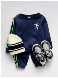 2pcs/Set Baby Boy Casual Sports Neon Trim Long Sleeve Round Neck Pullover Sweatshirt And Pants 