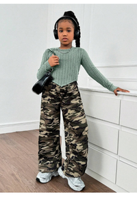  Girl Tween Girl Casual Asymmetrical Hem Long Sleeve Ribbed Tight T-Shirt & Camouflage Print Loose Cargo Pants 2 Pieces Set Carousel 2