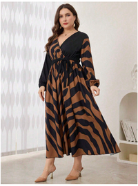  Crossed Collar Zebra Print Splice Waisted Midi Dress