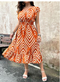  Plus Size Summer Women's Herringbone Print Overlapping V-Neck Cap Sleeves Long Elegant Dress Carousel 2