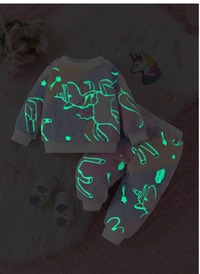 2pcs/Set Baby Girls' Casual Cartoon Pattern Printed (Glow-In-The-Dark Effect) Ribbed Crew Neck Long Sleeve Top And Pants Outfit Carousel 3