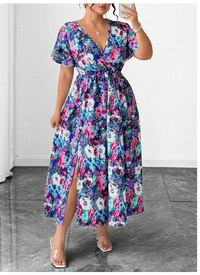  Plus Tropical Print Butterfly Sleeve Dress Maxi Women Outfit Carousel 1