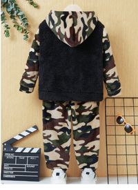 Young Boy Camo Print Hooded Fluffy Jacket & Pants Without Tee Carousel 1