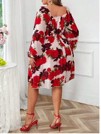 Plus Size V-Neck Red Rose Floral Print Elegant A-Line Midi Dress Carousel 1