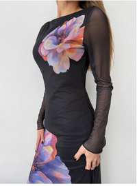 Women's Long Round Neck Mesh Print Fish Tail Fitted  Carousel 4