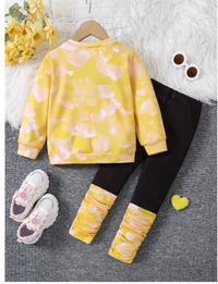2pcs Girls Fashion Casual Warm Soft Fabric Outfit, Pink Heart Design Sweatshirt And Leggings Set Carousel 1