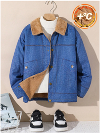 Boys Casual Denim Effect Thermal Lined Mid-Weight Warm Lapel Long Sleeve Woven Jacket