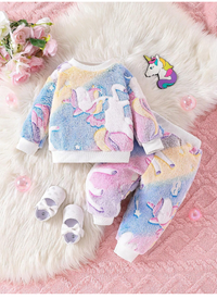 2pcs/Set Baby Girls' Casual Cartoon Pattern Printed (Glow-In-The-Dark Effect) Ribbed Crew Neck Long Sleeve Top And Pants Outfit Carousel 4
