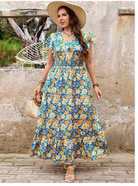 Plus Size Maxi Dress Floral Print Dress Ruffle Sleeves V-Neck Waist Dress Long Dress 