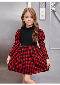Young Girl Houndstooth Print Gigot Sleeve Dress Carousel 4