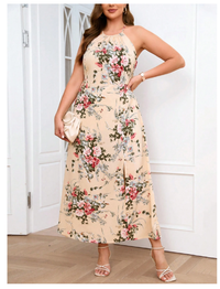 Plus Floral Print Split Thigh Halter Neck Dress Carousel 1