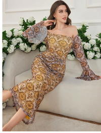 Women's Long Pattern Ruched Off Shoulder Mesh Slim-Fit Elegant Charm Dress Carousel 4