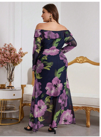 Plus Size Women's Off Shoulder Floral Print Patchwork Ruffle Hem Dress Carousel 1
