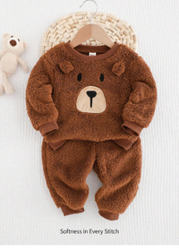pcs Baby Boy Cartoon Bear Pattern Fleece Thick Crew Neck Long Sleeve Hoodie And Jogger Pants Set
