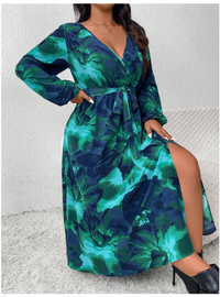 Plus Size Autumn Long Sleeve Dress With High Slit & Floral Print Carousel 3