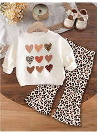 Baby Girl Cute Sweet Leopard Print Heart Pattern Beige Knit Soft Pullover Casual Outfit