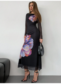 Women's Long Round Neck Mesh Print Fish Tail Fitted  Carousel 5