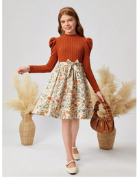 ween Girl Casual Vintage Elegant Knitted Rib Patchwork Ditsy Floral Puff Sleeve Belted A-Line Long Dress